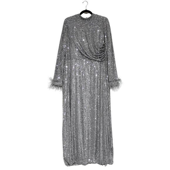 Arma Cool Silver Glitter Sequin Long Sleeve Maxi Dress Size 16 - Picture 2 of 12